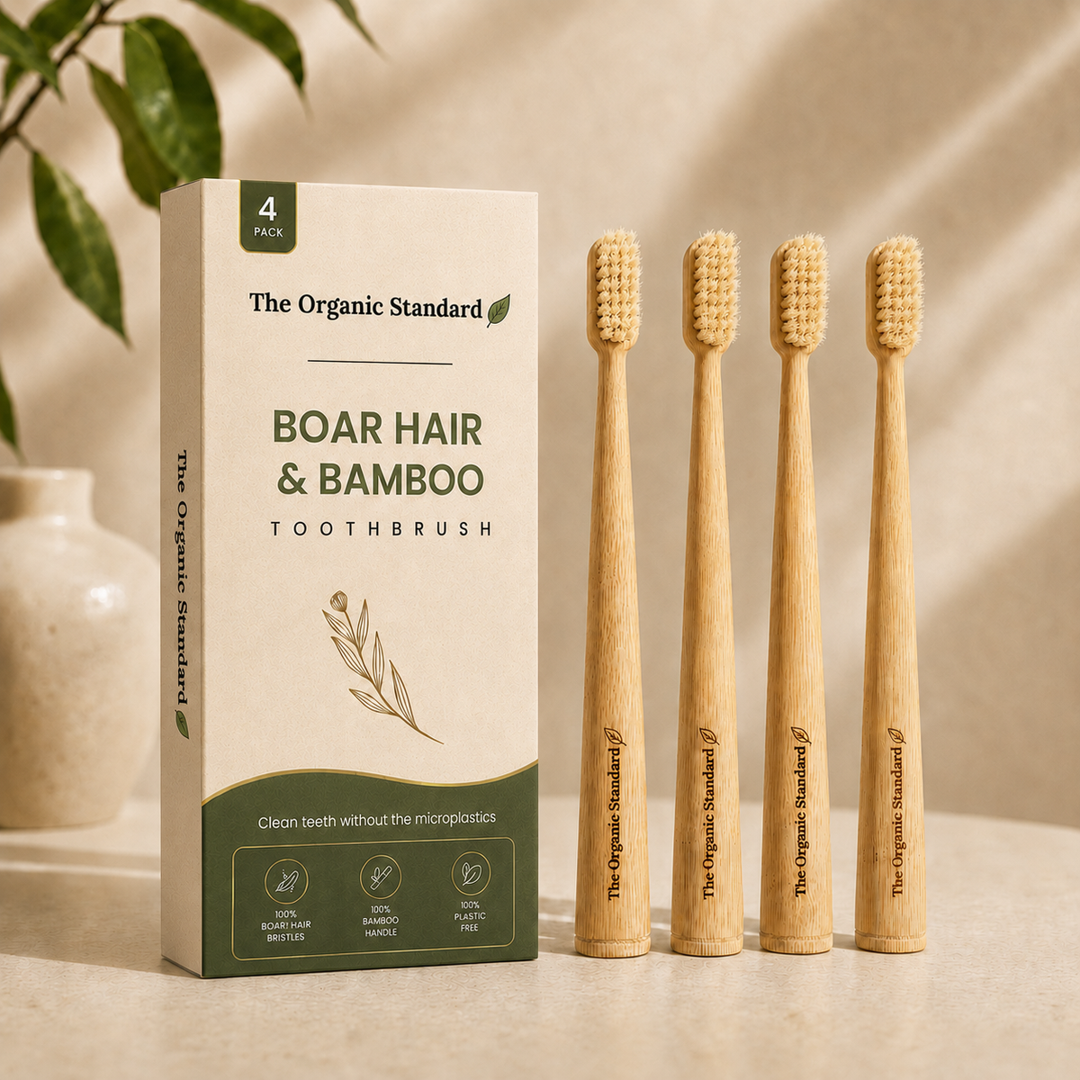 Horse or Boar Hair Bristle Toothbrush (4 Pack)